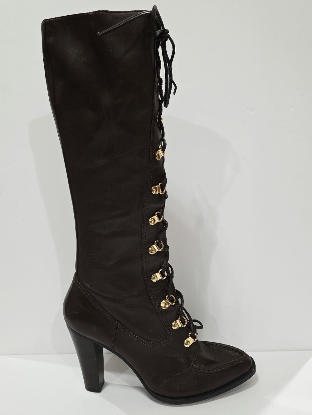 Michael Kors GOLD-TONED Eyelets Brown Leather Boot Knee High Heel Lace 10 M Used